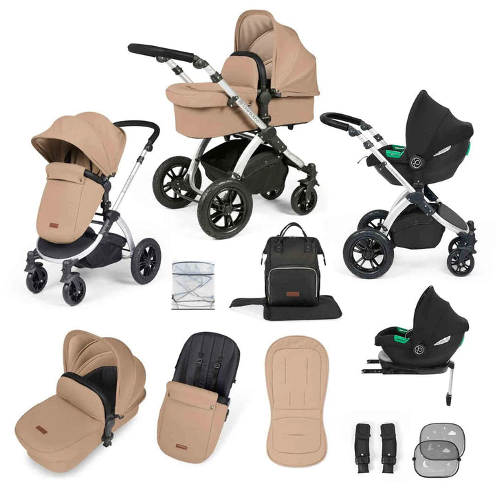 Ickle Bubba Travel Systems Stomp Luxe All-in-One Travel System With Isofix Base (Cirrus) - Silver / Desert / Black