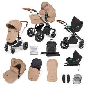 Ickle Bubba Travel Systems Stomp Luxe All-in-One Travel System With Isofix Base (Cirrus) - Silver / Desert / Tan