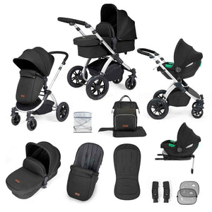 Ickle Bubba Travel Systems Stomp Luxe All-in-One Travel System With Isofix Base (Cirrus) - Silver / Midnight / Black