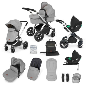 Ickle Bubba Travel Systems Stomp Luxe All-in-One Travel System With Isofix Base (Cirrus) - Silver / Pearl Grey / Black