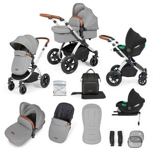 Ickle Bubba Travel Systems Stomp Luxe All-in-One Travel System With Isofix Base (Cirrus) - Silver / Pearl Grey / Tan