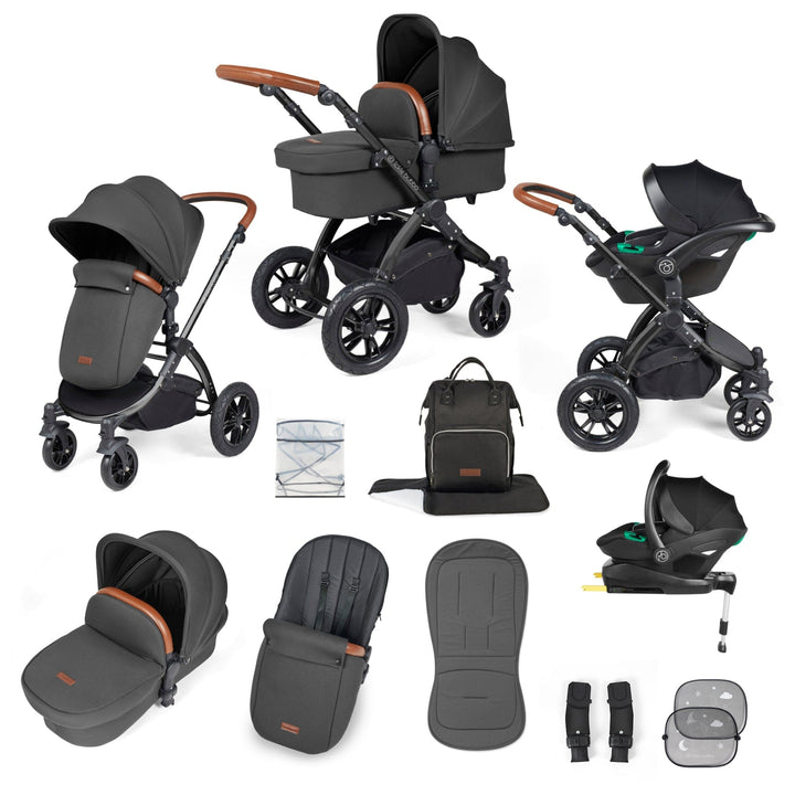 Ickle Bubba Wheels Ickle Bubba Stomp Luxe All-in-One i-Size Travel System (Stratus) with Bubba&Me - Black / Charcoal Grey / Tan