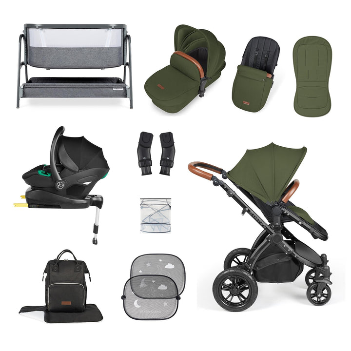 Ickle Bubba Wheels Ickle Bubba Stomp Luxe All-in-One i-Size Travel System (Stratus) with Bubba&Me - Black / Woodland / Tan