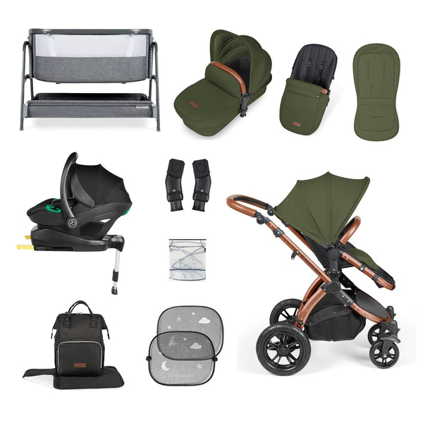 Ickle Bubba Wheels Ickle Bubba Stomp Luxe All-in-One i-Size Travel System (Stratus) with Bubba&Me - Bronze / Woodland / Tan