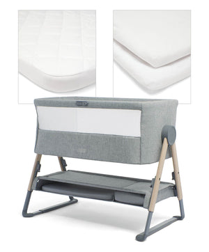 Mamas Papas Lua Bedside Crib with Mattress Protector Fitted Sheets White/Grey