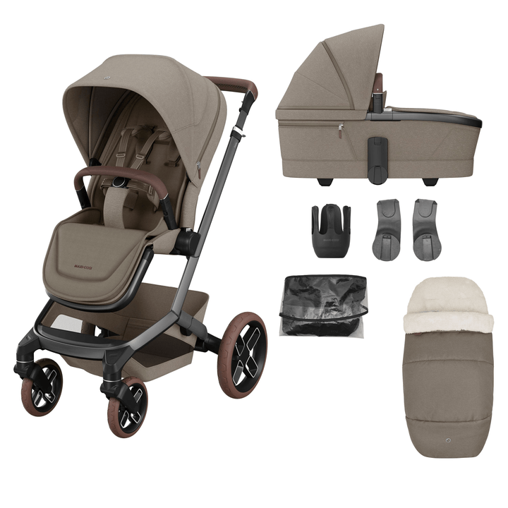 Maxi Cosi Prams & Pushchairs Maxi Cosi FAME 7 Piece Essential Bundle - Twillic Truffle (with Brown Wheels)