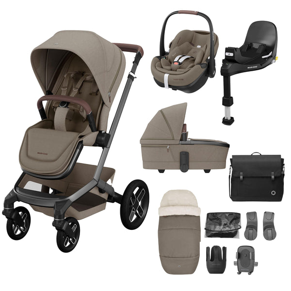 Maxi Cosi Travel Systems Maxi Cosi FAME 10 Piece Premium Bundle - Twillic Truffle (with Black Wheels)