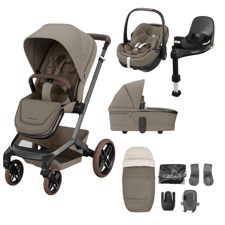 Maxi Cosi Travel Systems Maxi Cosi FAME 10 Piece Premium Bundle - Twillic Truffle (with Brown Wheels)