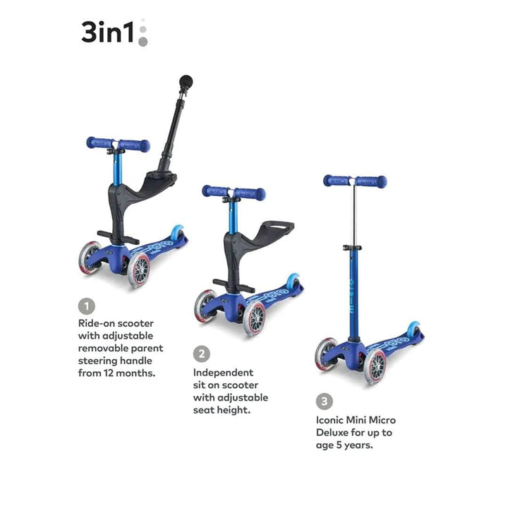 Micro Scooters Scooter Micro 3 in 1 Deluxe Plus Scooter (with Push Handle) - Blue