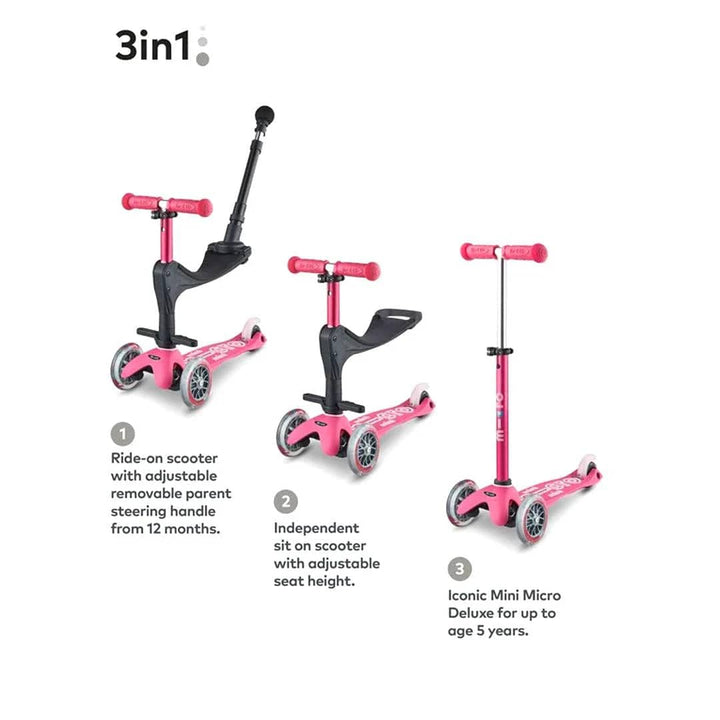 Micro Scooters Scooter Micro 3 in 1 Deluxe Plus Scooter (with Push Handle) - Pink