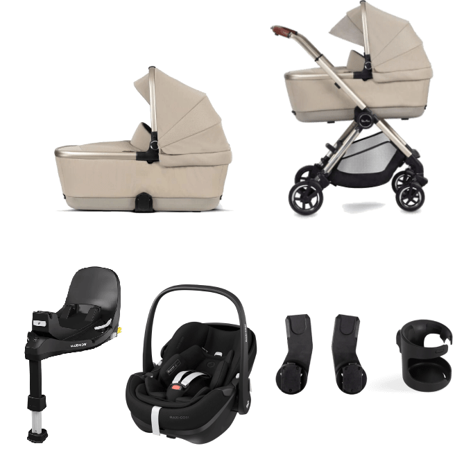 Silver Cross Pushchairs Silver Cross Dune with First Bed Folding Carrycot and Pebble 360 PRO Travel Pack - Stone