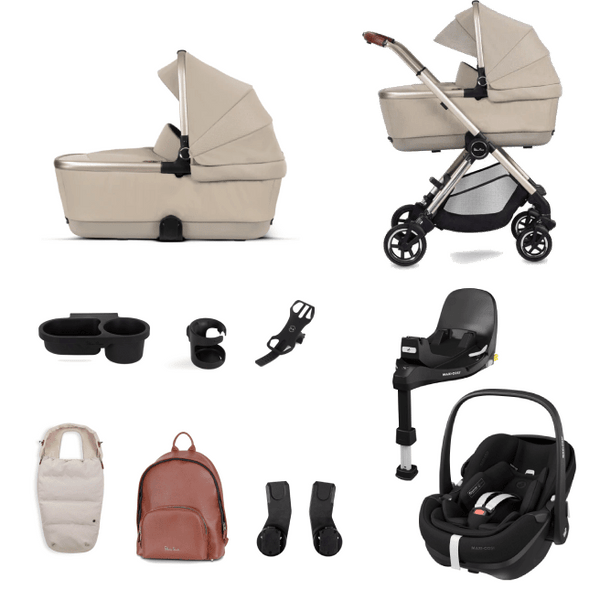 Silver Cross Travel Systems Cross Dune with First Bed Folding Carrycot and Pebble 360 PRO Ultimate Pack - Stone