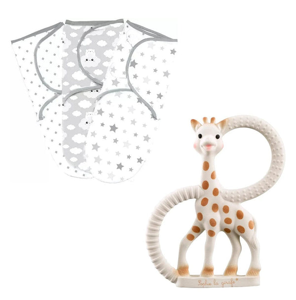 Sophie la Girafe Pacifiers & Teethers Sophie la Girafe So Pure Teether Ring & 3 Pack of 0-3 Swaddle Wraps