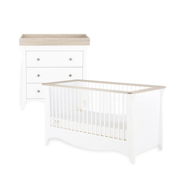 Cuddleco Nursery Furniture Cuddleco Clara 2 Piece Set 3 Drawer Dresser and Cot Bed - White Ash