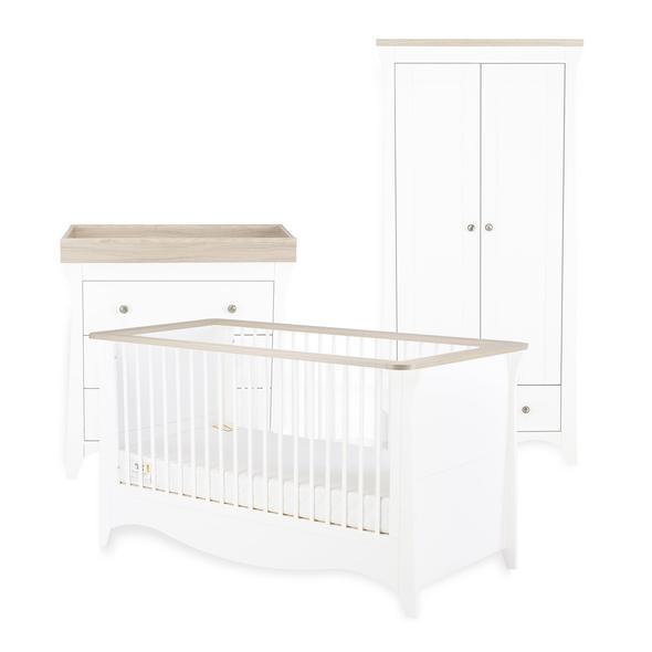 Cuddleco Nursery Furniture Cuddleco Clara 3 Piece Set 3 Drawer Dresser, Cot Bed and Wardrobe - White & Ash