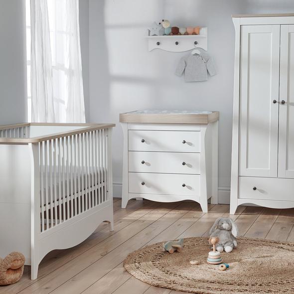 Cuddleco Nursery Furniture Cuddleco Clara 3 Piece Set 3 Drawer Dresser, Cot Bed and Wardrobe - White & Ash