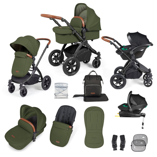 Ickle Bubba TRAVEL SYSTEMS Ickle Bubba Stomp Luxe All-in-One I-Size Travel System With Isofix Base - Black / Woodland / Tan