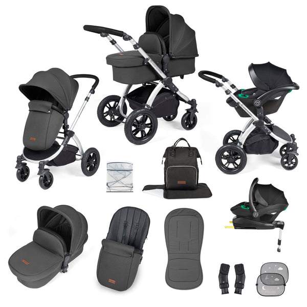 Ickle Bubba TRAVEL SYSTEMS Ickle Bubba Stomp Luxe All-in-One I-Size Travel System With Isofix Base - Silver / Charcoal Grey / Black