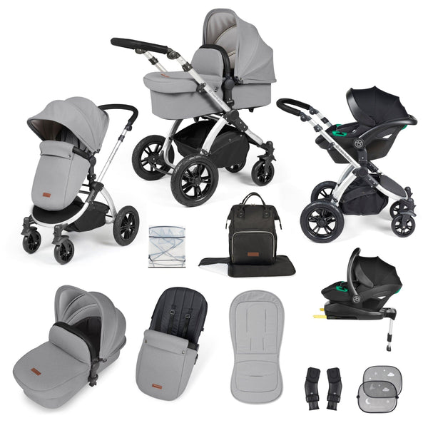 Ickle Bubba TRAVEL SYSTEMS Ickle Bubba Stomp Luxe All-in-One I-Size Travel System With Isofix Base - Silver / Pearl Grey / Black