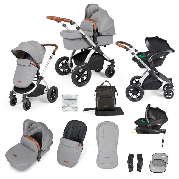 Ickle Bubba TRAVEL SYSTEMS Ickle Bubba Stomp Luxe All-in-One I-Size Travel System With Isofix Base - Silver / Pearl Grey / Tan