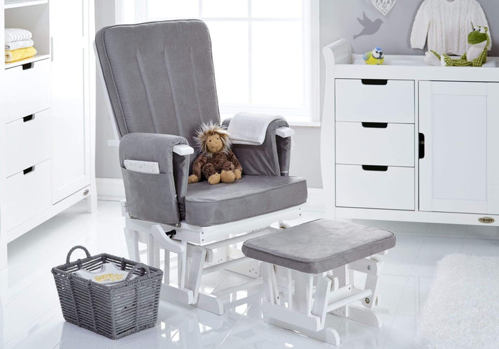 OBABY Glider Chairs Obaby Deluxe Reclining Glider Chair And Stool - White With Grey Cushion