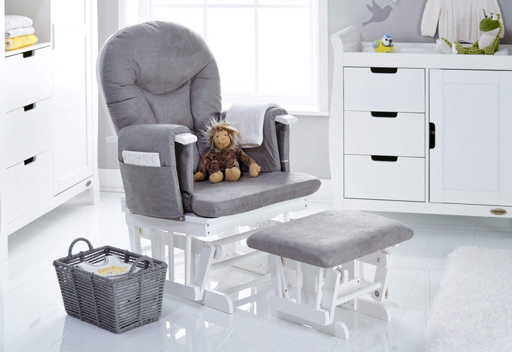 OBABY Glider Chairs Obaby Reclining Glider Chair And Stool - White With Grey Cushion